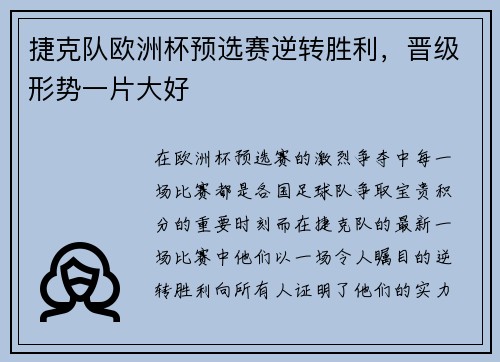 捷克队欧洲杯预选赛逆转胜利，晋级形势一片大好