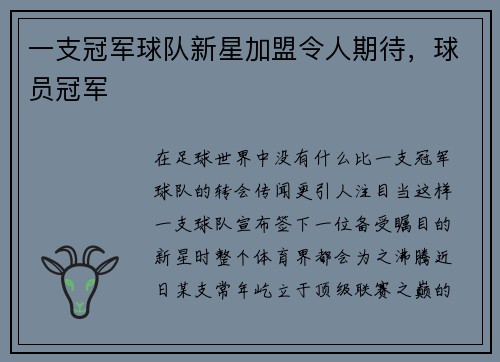 一支冠军球队新星加盟令人期待，球员冠军