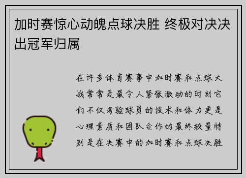 加时赛惊心动魄点球决胜 终极对决决出冠军归属