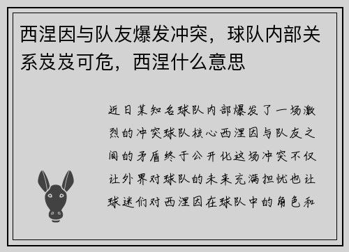 西涅因与队友爆发冲突，球队内部关系岌岌可危，西涅什么意思